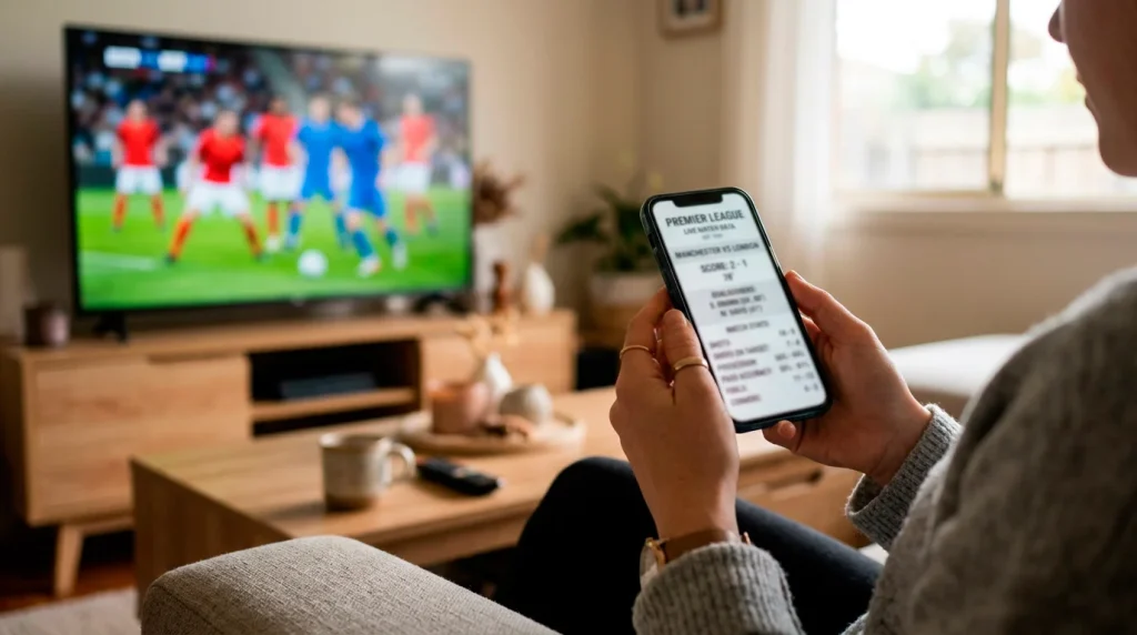 Person checking World Cup betting odds on smartphone while watching early morning football match