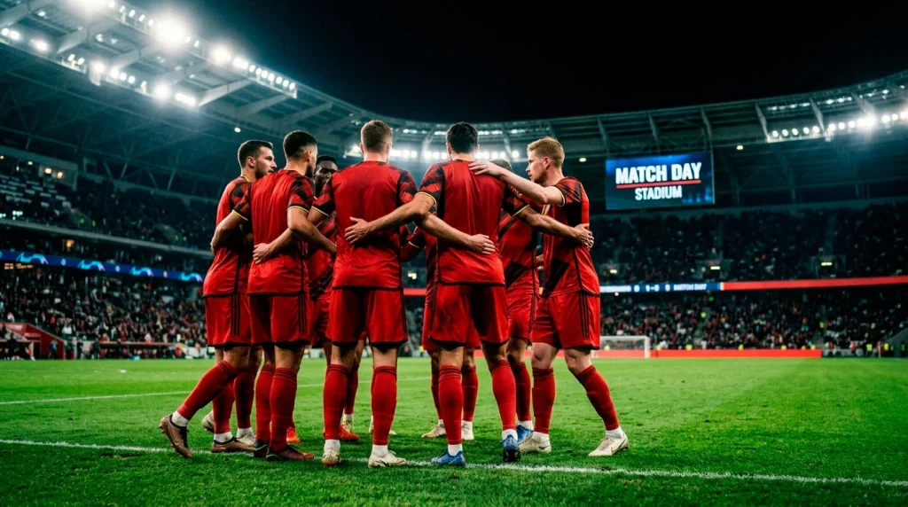 Belgium national football team players in red kit at World Cup 2026