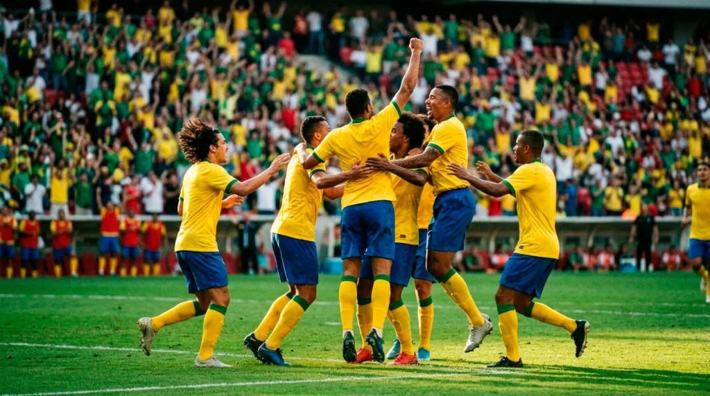 Brazil national football team players in yellow kit celebrating at World Cup 2026