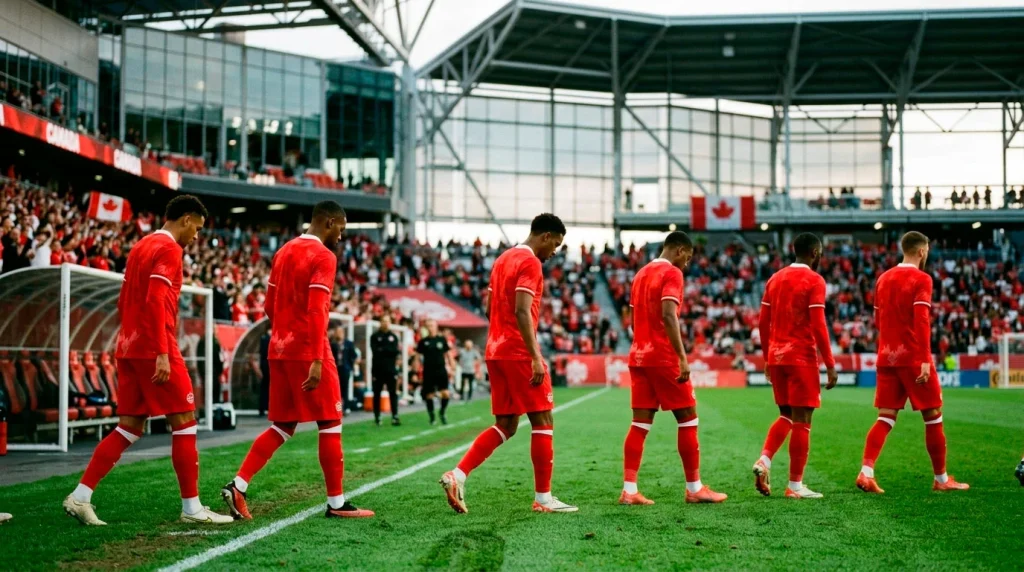 Canada national football team players in red and white kit at World Cup 2026
