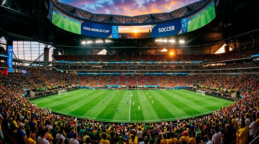 World Cup 2026 stadium in North America with pitch under lights