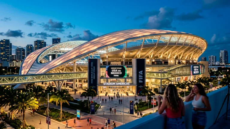 Modern North American football stadium exterior with distinctive architecture against clear blue sky
