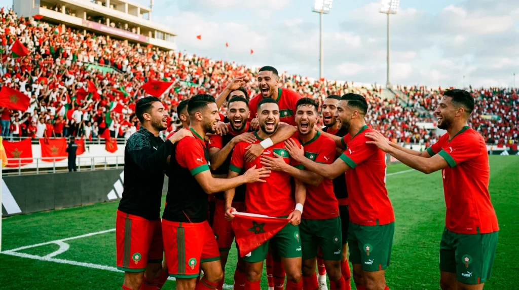 Morocco national football team players in red and green kit at World Cup 2026