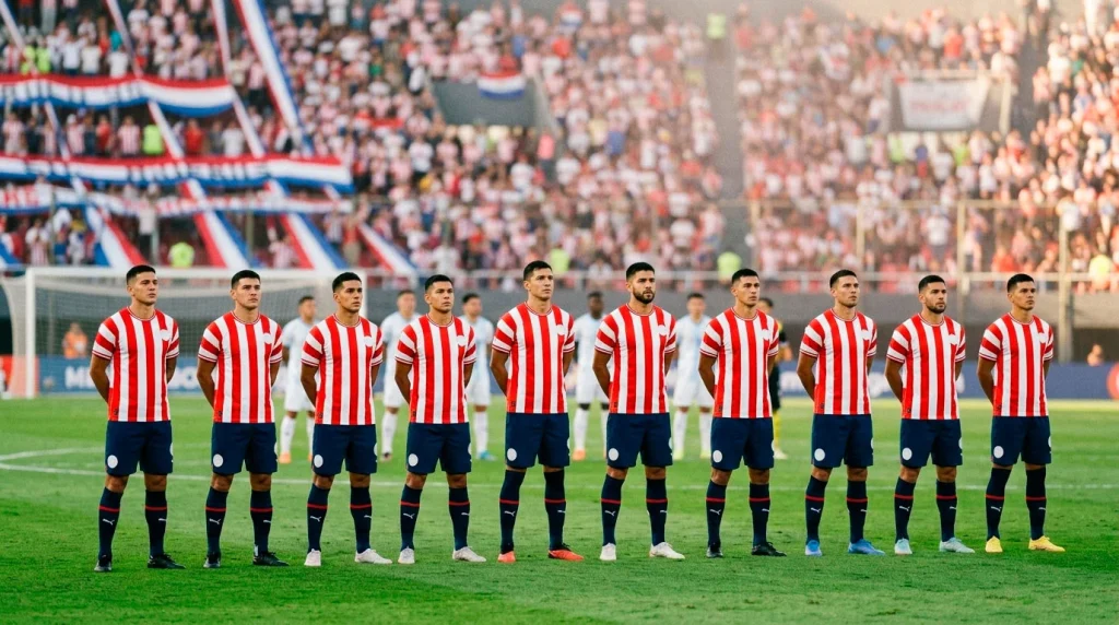 Paraguay national football team players in red and white striped kit at World Cup 2026
