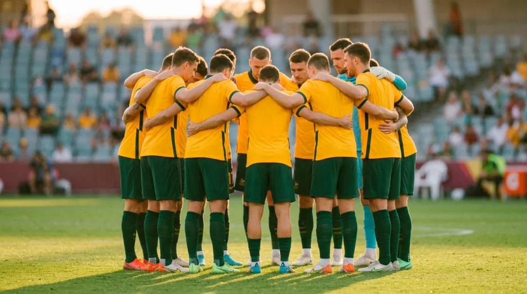 Australian national football team players in gold jerseys preparing for World Cup 2026