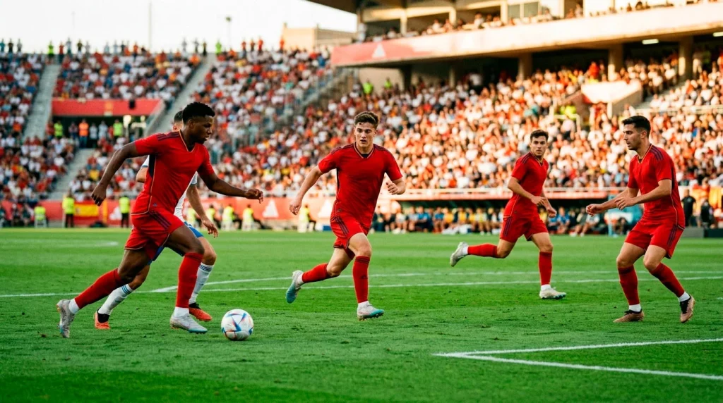 Spain national football team players in red kit at World Cup 2026