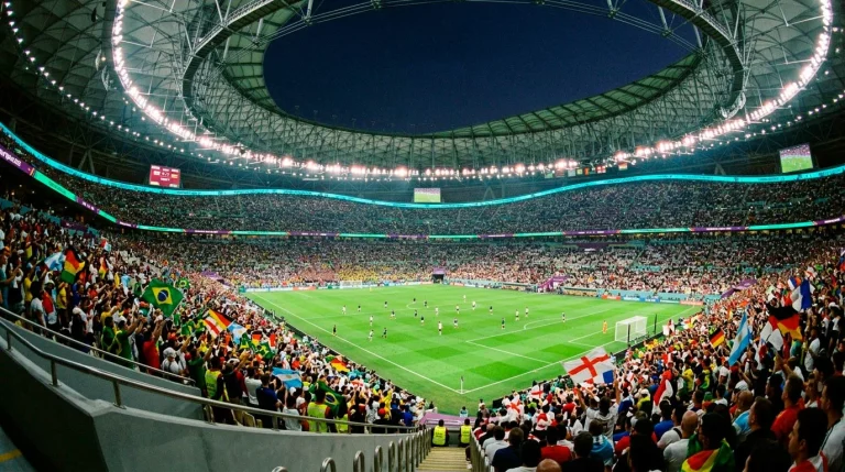 Football stadium interior showing green pitch and tiered seating filled with spectators during evening match
