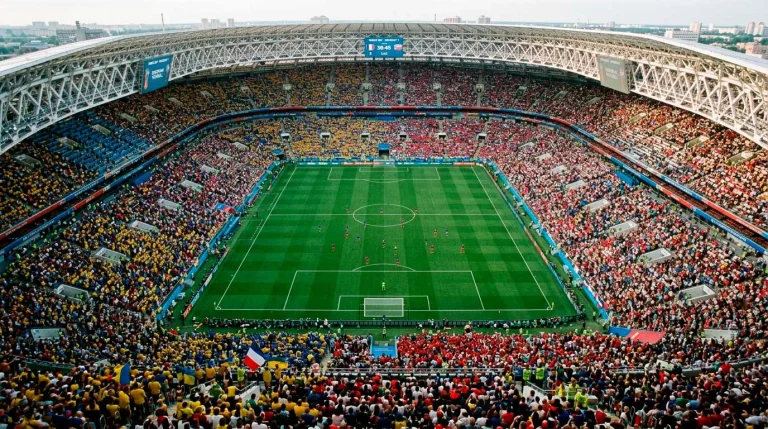Aerial view of World Cup stadium with packed crowds surrounding green pitch during group stage match