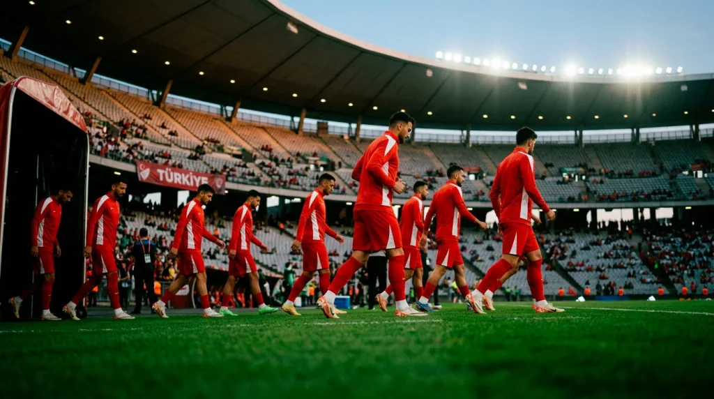 Turkey national football team players in red and white kit at World Cup 2026