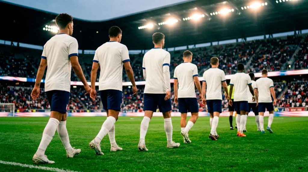 United States men's national soccer team players in home kit at World Cup 2026