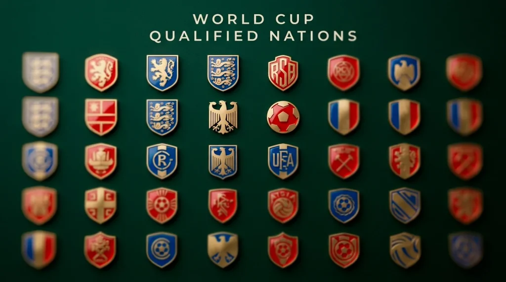 Grid display showing crests and colours of all 48 qualified nations for World Cup 2026