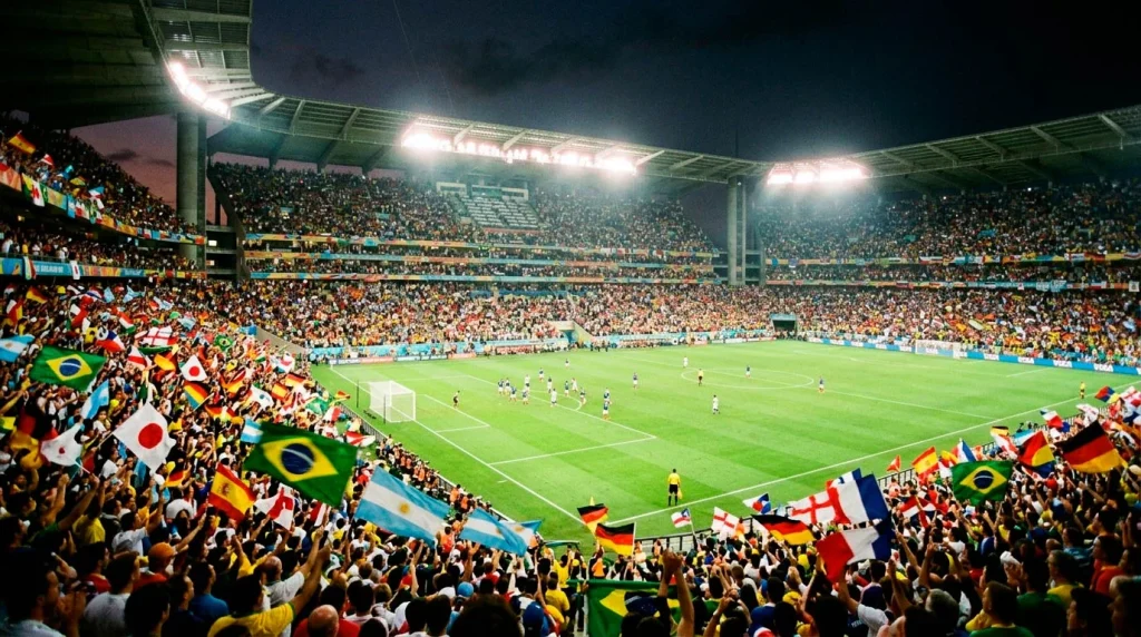 Stadium filled with supporters holding flags from multiple nations during a World Cup match under floodlights