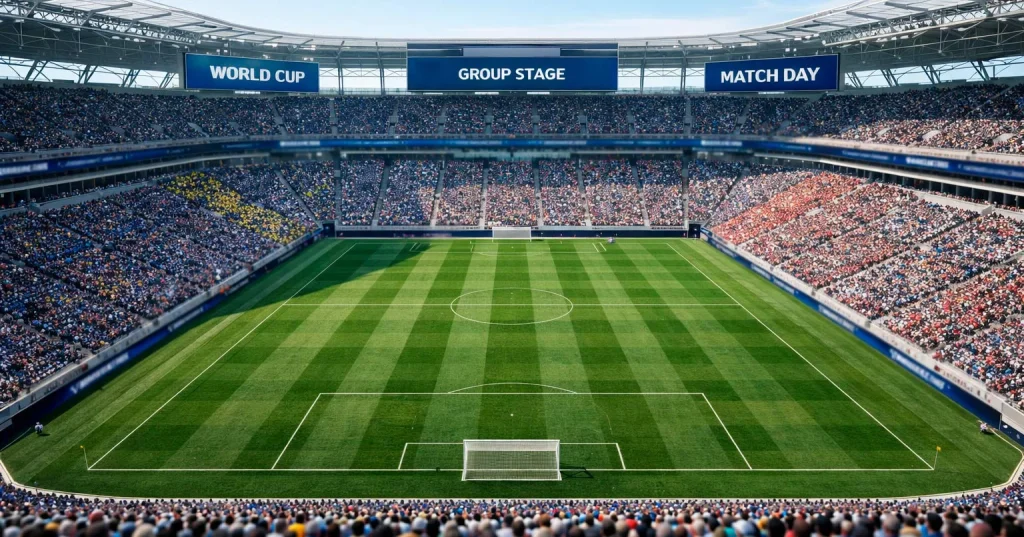 Wide angle view of packed World Cup stadium during group stage match
