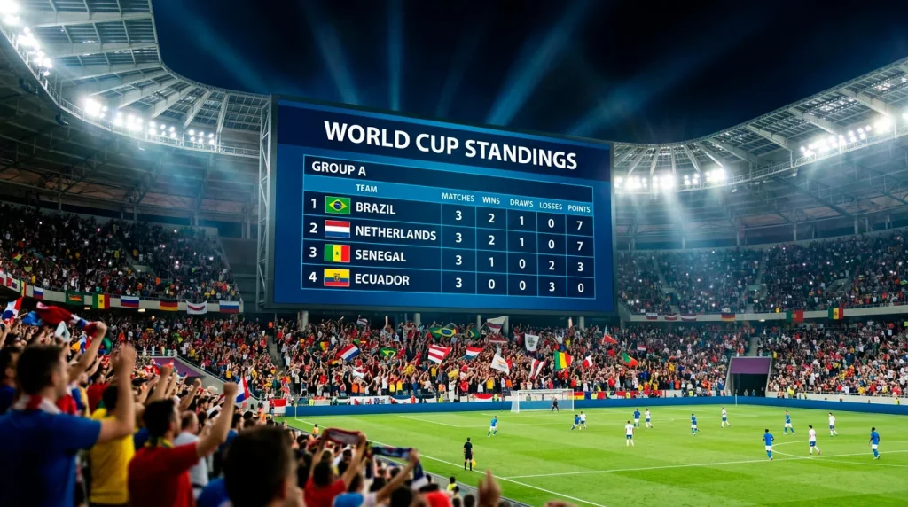 Stadium scoreboard displaying World Cup 2026 group stage standings with flags of competing nations