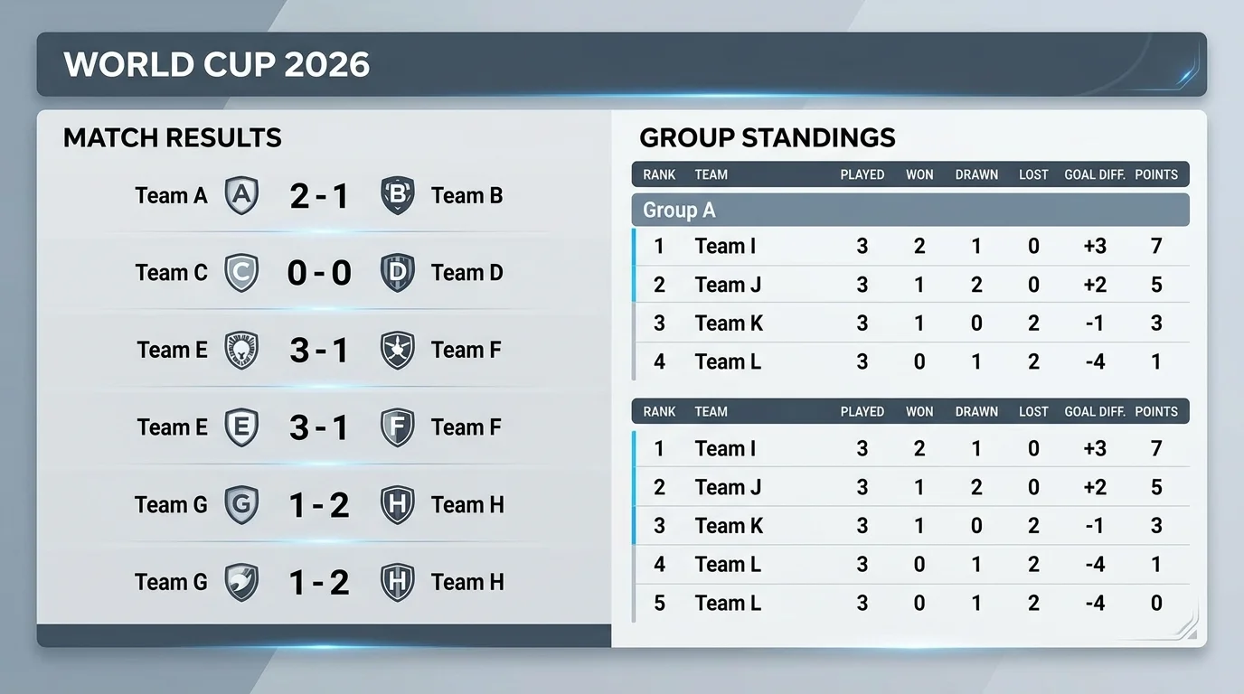 World Cup 2026 results board with scores and group standings for 20–21 June