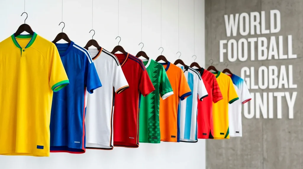 Panoramic view of diverse national team jerseys displayed together representing the 48 nations competing at World Cup 2026
