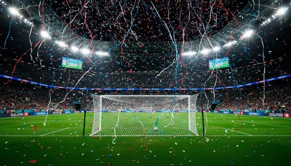 Football stadium scene capturing the moment of a major World Cup upset with celebrating underdog players