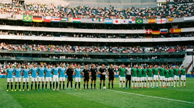 Football teams lined up on pitch before international match with national flags displayed in stadium