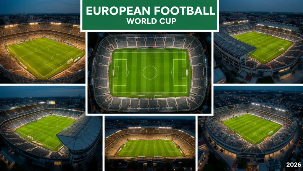 Multiple football match screens displaying World Cup 2026 games with accumulator betting slip overlay